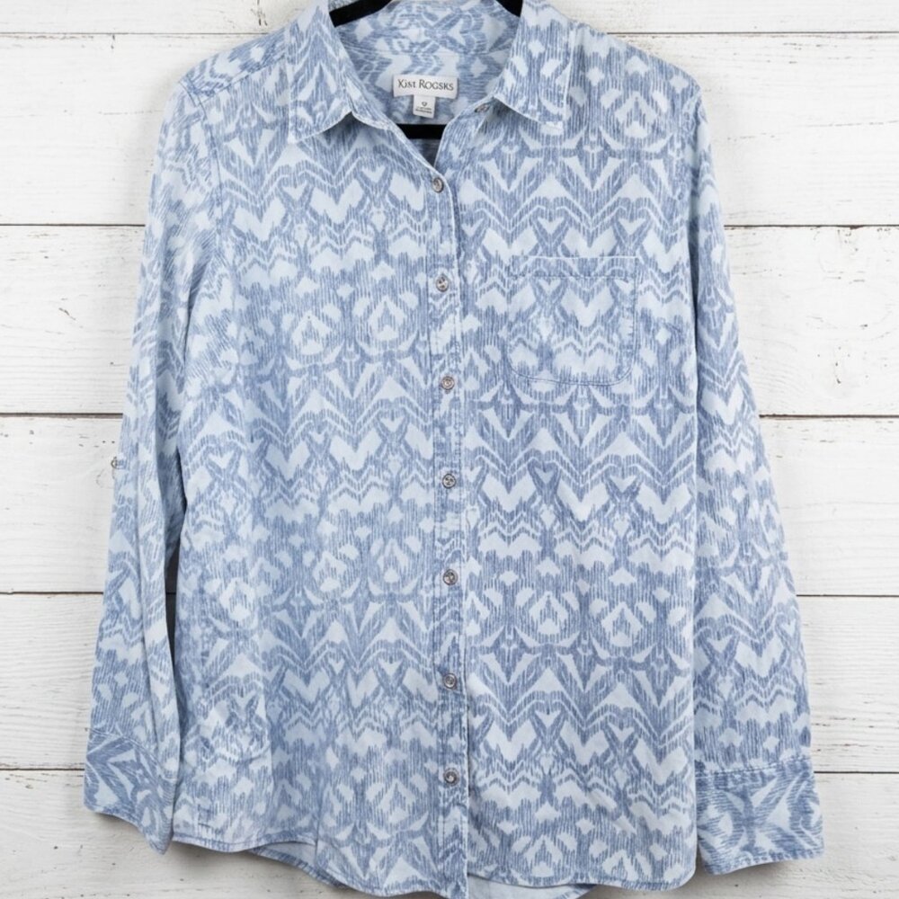 Kim Rogers Medium Blue White Ikat Geometric Button Down Long Sleeve Shirt